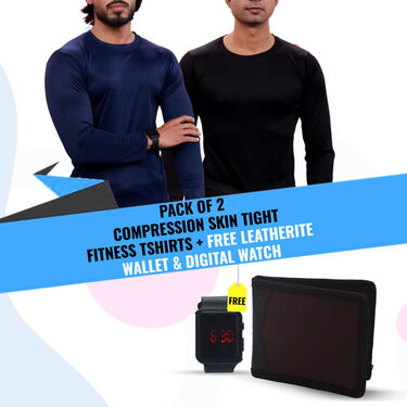 2 Compression Skin Tight Fitness T-Shirts with Leatherite Wallet And Digital Watch Free (2CT2)