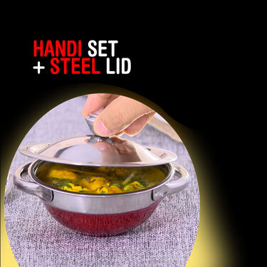 Set of 3 steel colored handi with 2 serving spoons (3H2S)