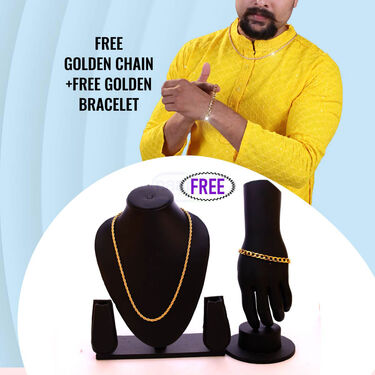 Basant Panchami Special - Mens Yellow Kurta + Free Golden Chain + Free Golden Bracelet (BSK1)