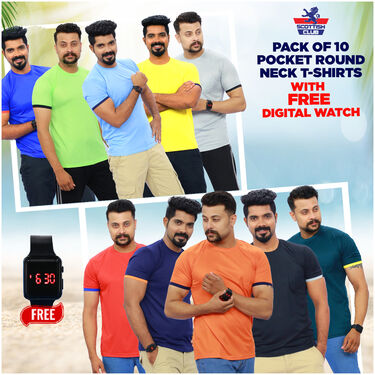 Pack of 10 Round Neck Pocket T-shirts with Digital Watch (10RT3)