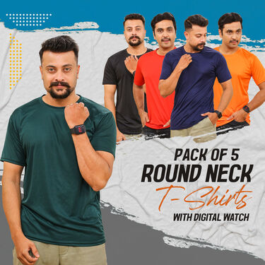 Pack of 5 Round Neck T-shirts with Free Digital Watch (5RTW4)