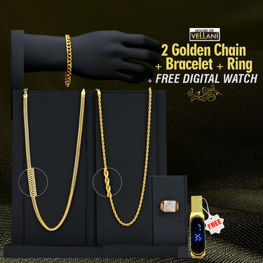 2 Golden Chain + Bracelet + Diamond Ring + Free Digital Watch (2GCBRW9)