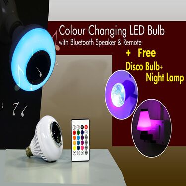 Colour Changing LED Bulb with Bluetooth Speaker & Remote + Free Disco Bulb + Free Night Lamp