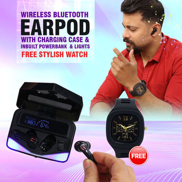 Wireless Bluetooth Earpods with Charging Case & Inbuilt Powerbank & Lights + Free Stylish Watch (TWS30)