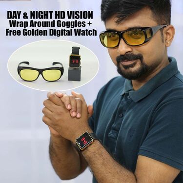 Day & Night HD Vision Wrap Around Goggles + Free Golden Digital Watch